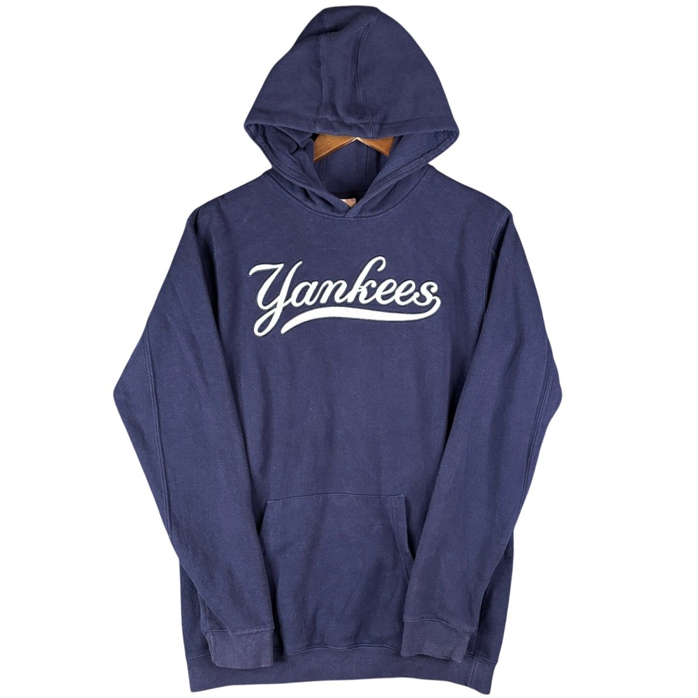 Majestic New York Yankees Hoodie Navy Blue Script Logo Pullover Youth XL Y2K